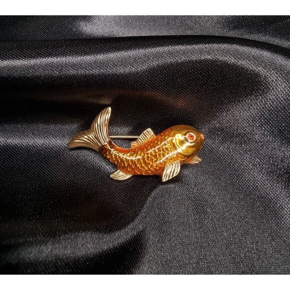 Rare Find Vintage SWAROVSKI Goldfish Koi Fish Brooch With Orange Enamel